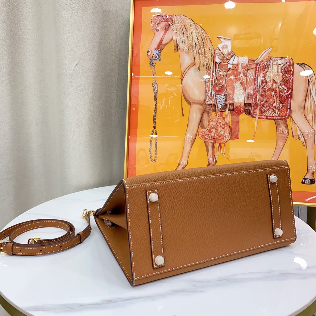 Birkin Style 25/30 Sellier in Gold Epsom Leather with White Stitching (Gold Hardware)