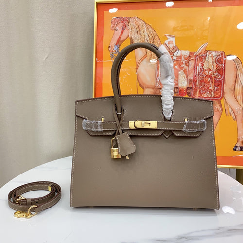 Birkin Style 25/30 Sellier in Etoupe Epsom Leather with White Stitching (Gold Hardware)