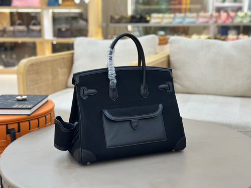 Birkin Cargo 35 in Noir Toile Goéland and Swift Leather (Palladium Hardware)