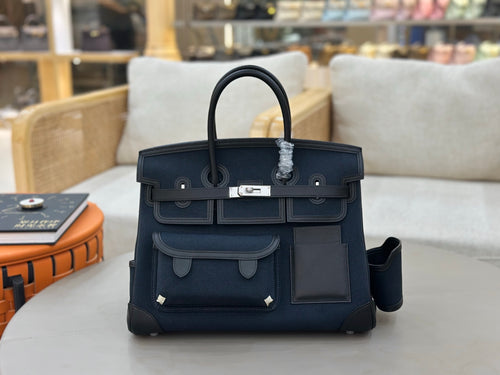 Birkin Cargo 35 in Bleu Nuit Toile Goéland and Noir Swift Leather (Palladium Hardware)