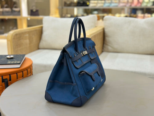 Birkin Cargo 35 in Bleu Marine Toile Goéland and Swift Leather (Palladium Hardware)