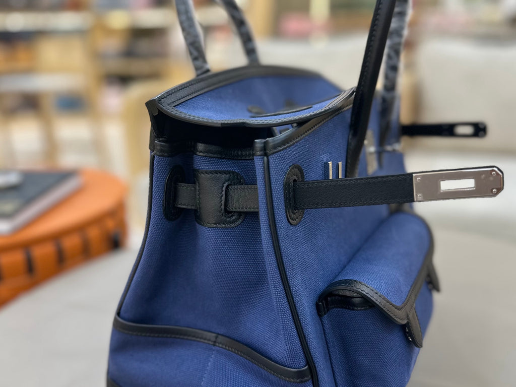 Birkin Cargo 35 in Bleu Encre Toile Goéland and Noir Swift Leather (Palladium Hardware)