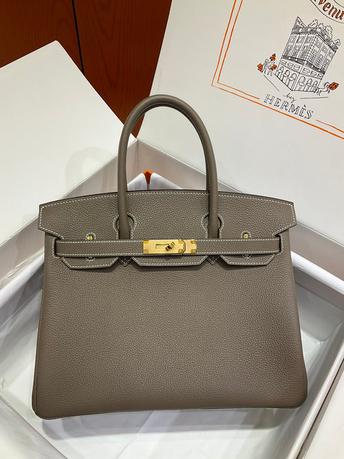 Birkin 30 Retourne in Etoupe Togo Leather with White Stitching (Gold Hardware)