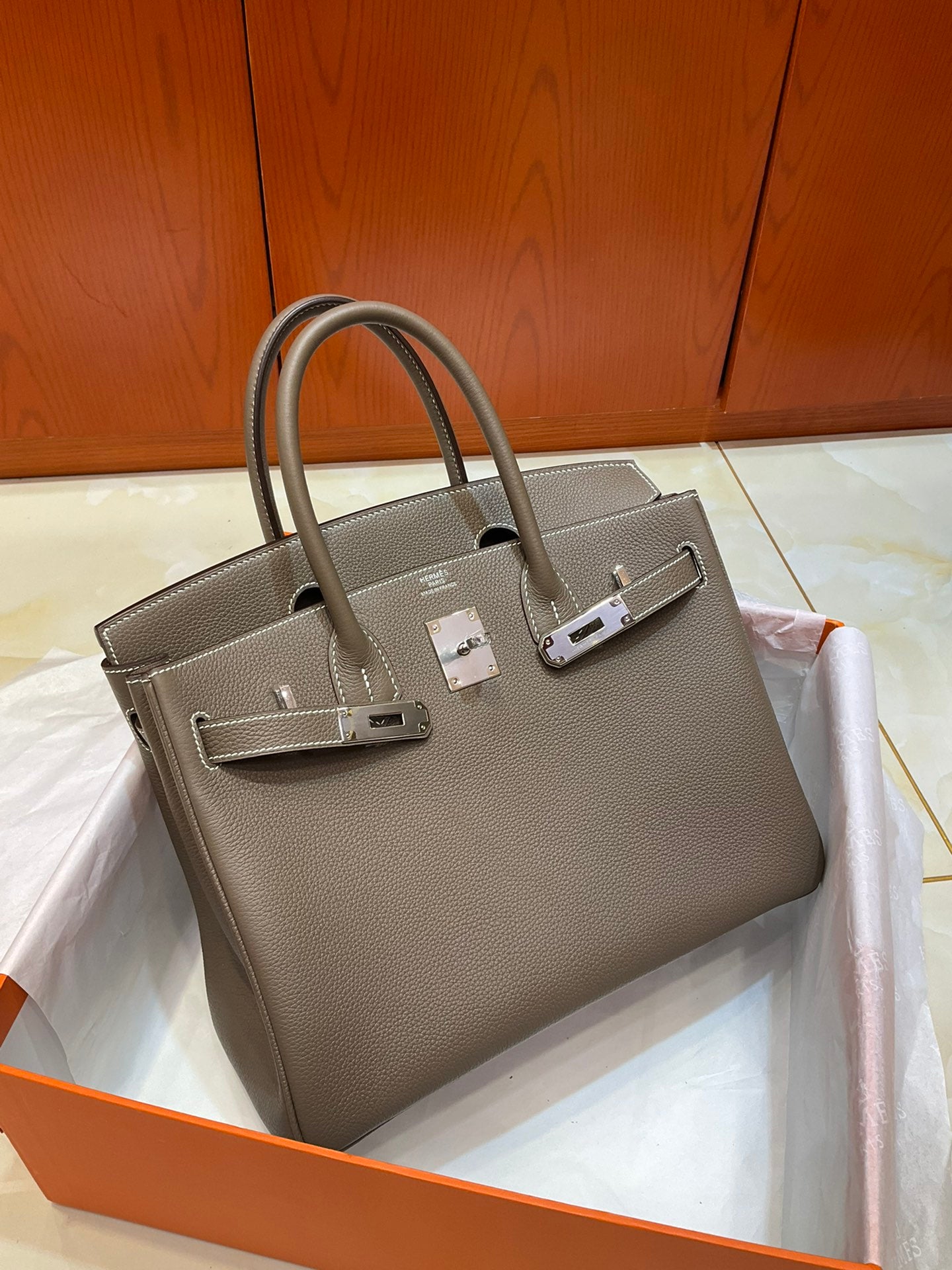 Birkin 30 Retourne in Etoupe Togo Leather with White Stitching (Palladium Hardware)