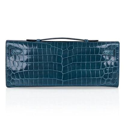 Kelly Cut Bag Blue Colvert Crocodile with Gold Hardware