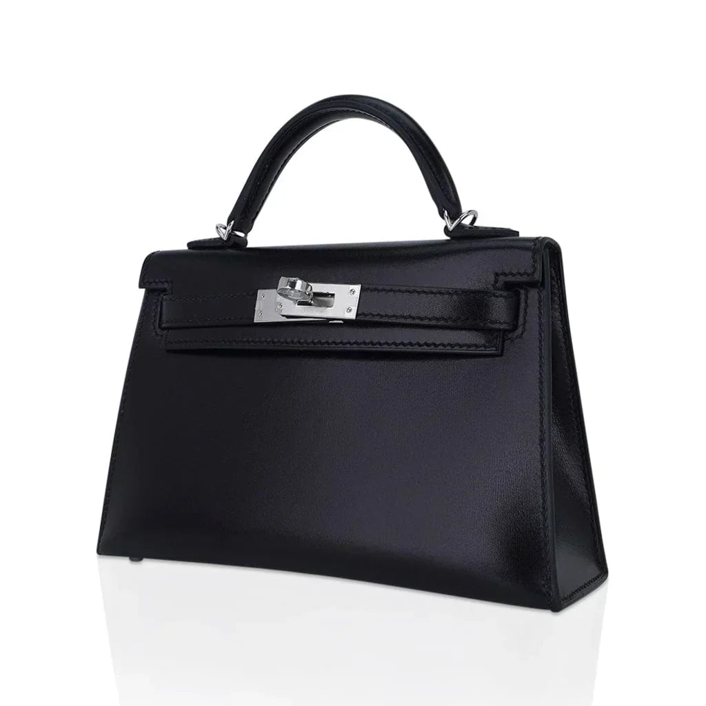 Kelly 20 Sellier Black Box Leather Mini Bag Palladium Hardware