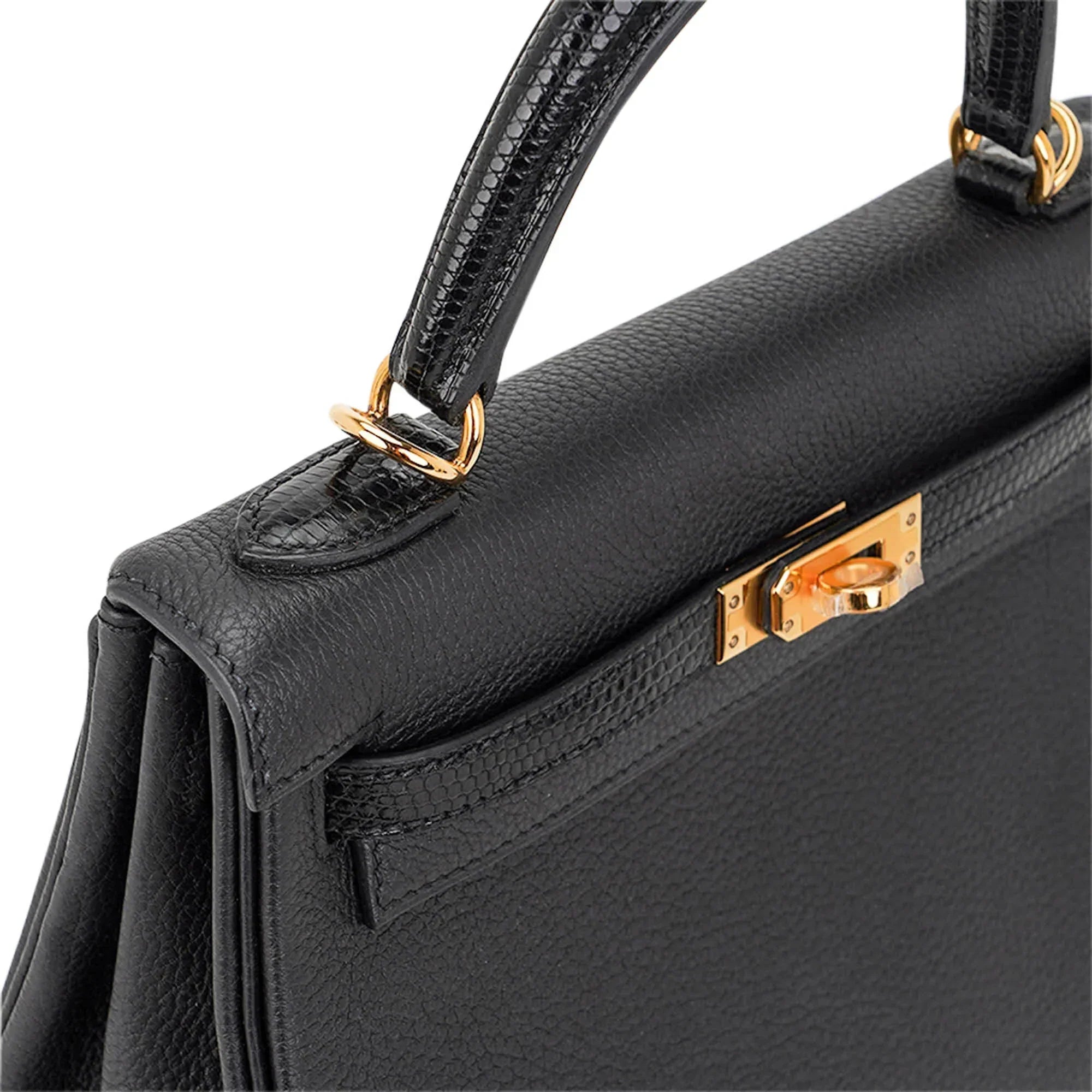 Kelly Touch 25 Retourne Bag Black Lizard Togo Leather Gold Hardware