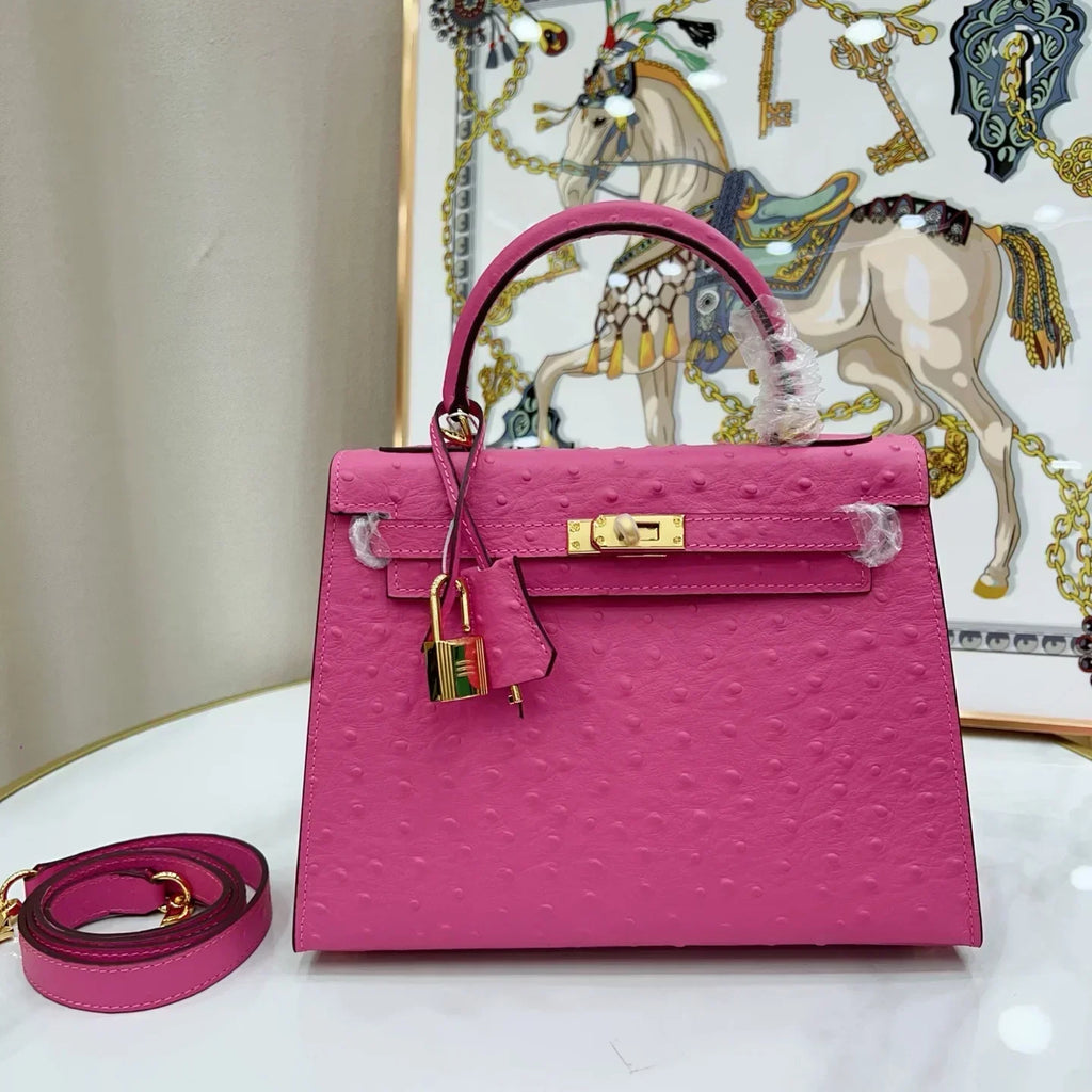 Kelly Sellier 25 Rose Pourpre and Gris Agate Ostrich Brushed Gold Hardware
