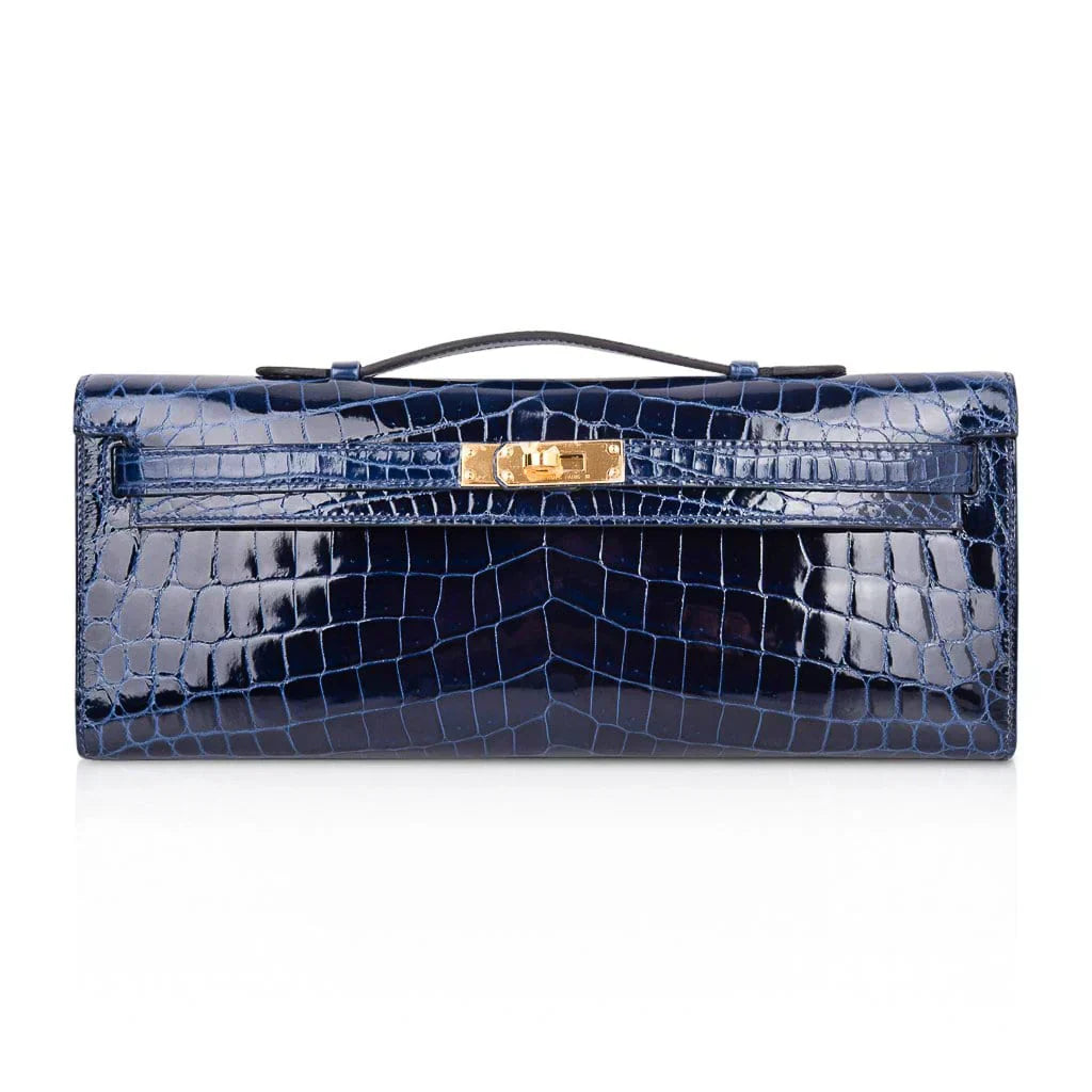 Kelly Cut Blue Sapphire Crocodile Clutch Bag Gold Hardware