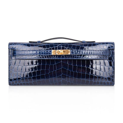 Kelly Cut Blue Sapphire Crocodile Clutch Bag Gold Hardware