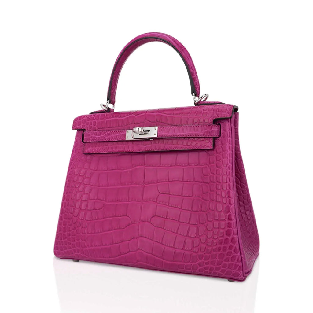 Kelly 25 Retourne Bag Rose Scheherazade Matte Alligator with Palladium Hardware