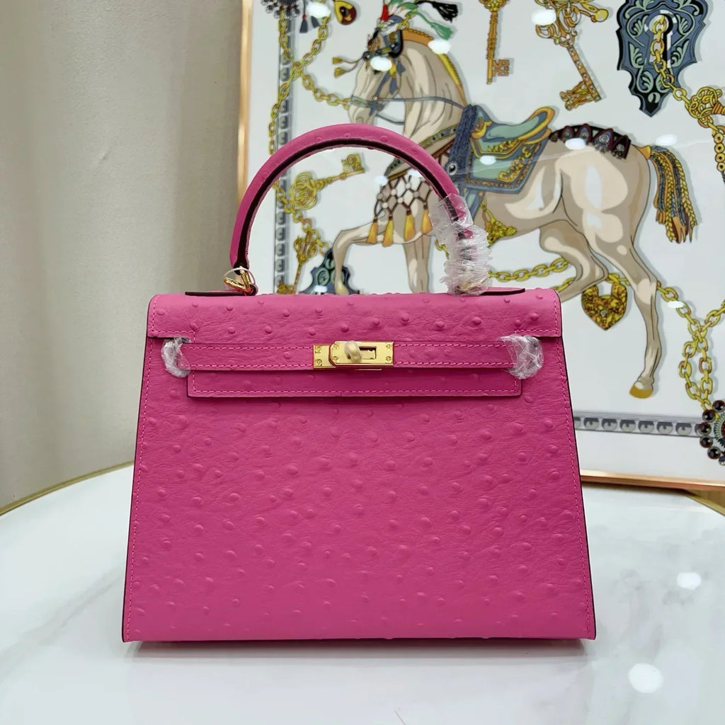 Kelly Sellier 25 Rose Pourpre and Gris Agate Ostrich Brushed Gold Hardware
