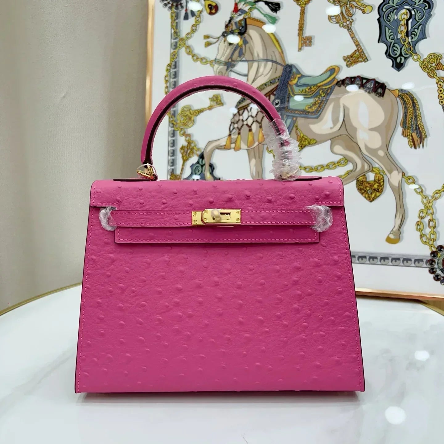 Kelly Sellier 25 Rose Pourpre and Gris Agate Ostrich Brushed Gold Hardware