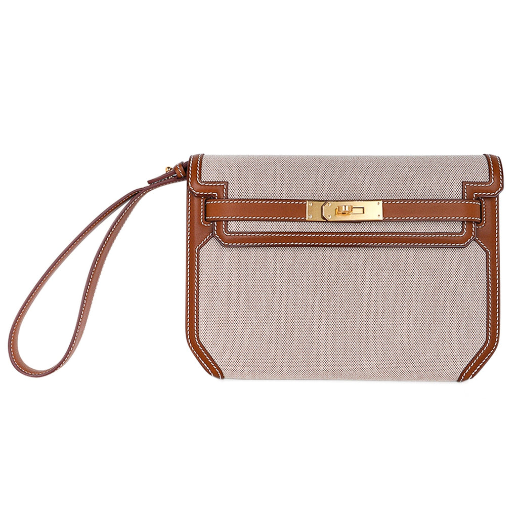 Kelly Depeches 25 Pouch Toile / Fauve Barenia Trim Gold Hardware