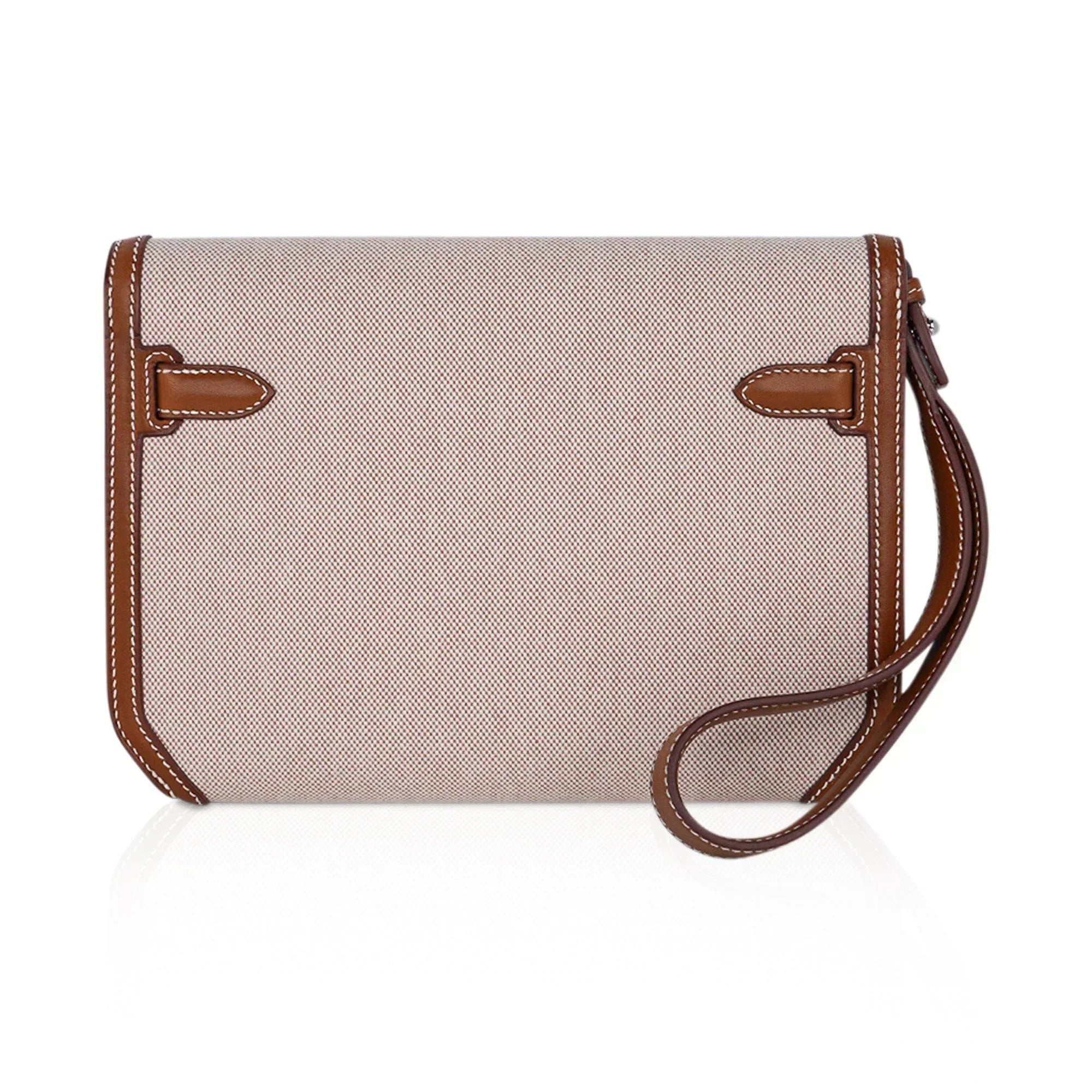Kelly Depeches 25 Pouch Toile & Fauve Barenia Trim with Palladium Hardware