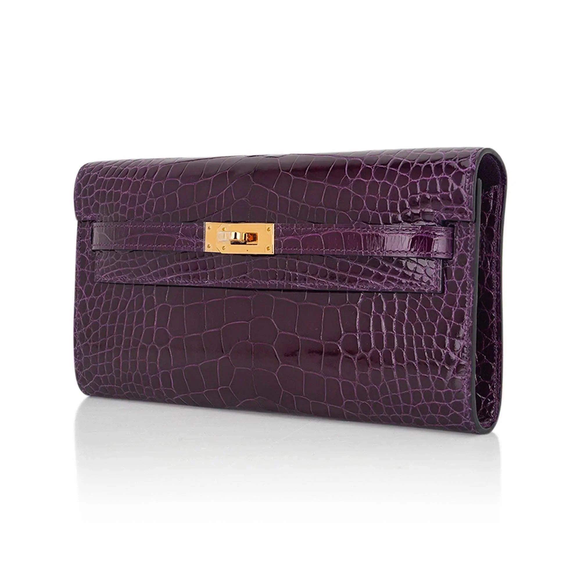 Kelly Classique To Go Wallet Cassis Alligator with Gold Hardware