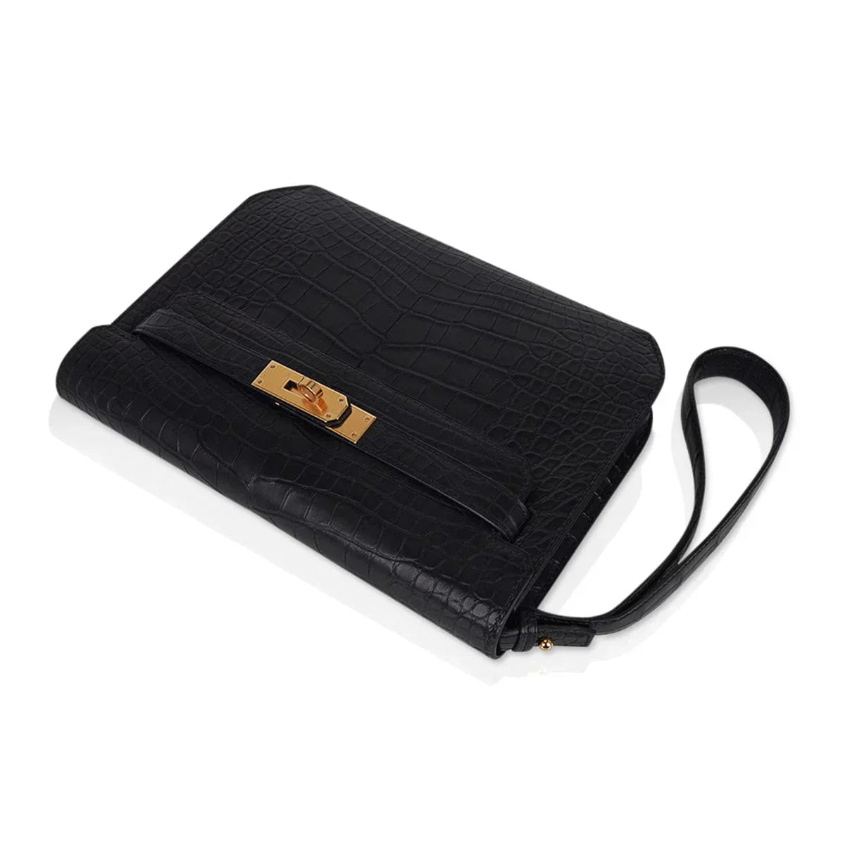 Kelly Depeches 25 Pouch Black Matte Alligator Gold Hardware New