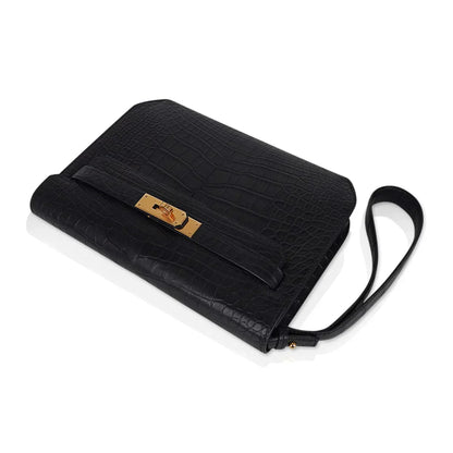 Kelly Depeches 25 Pouch Black Matte Alligator Gold Hardware New