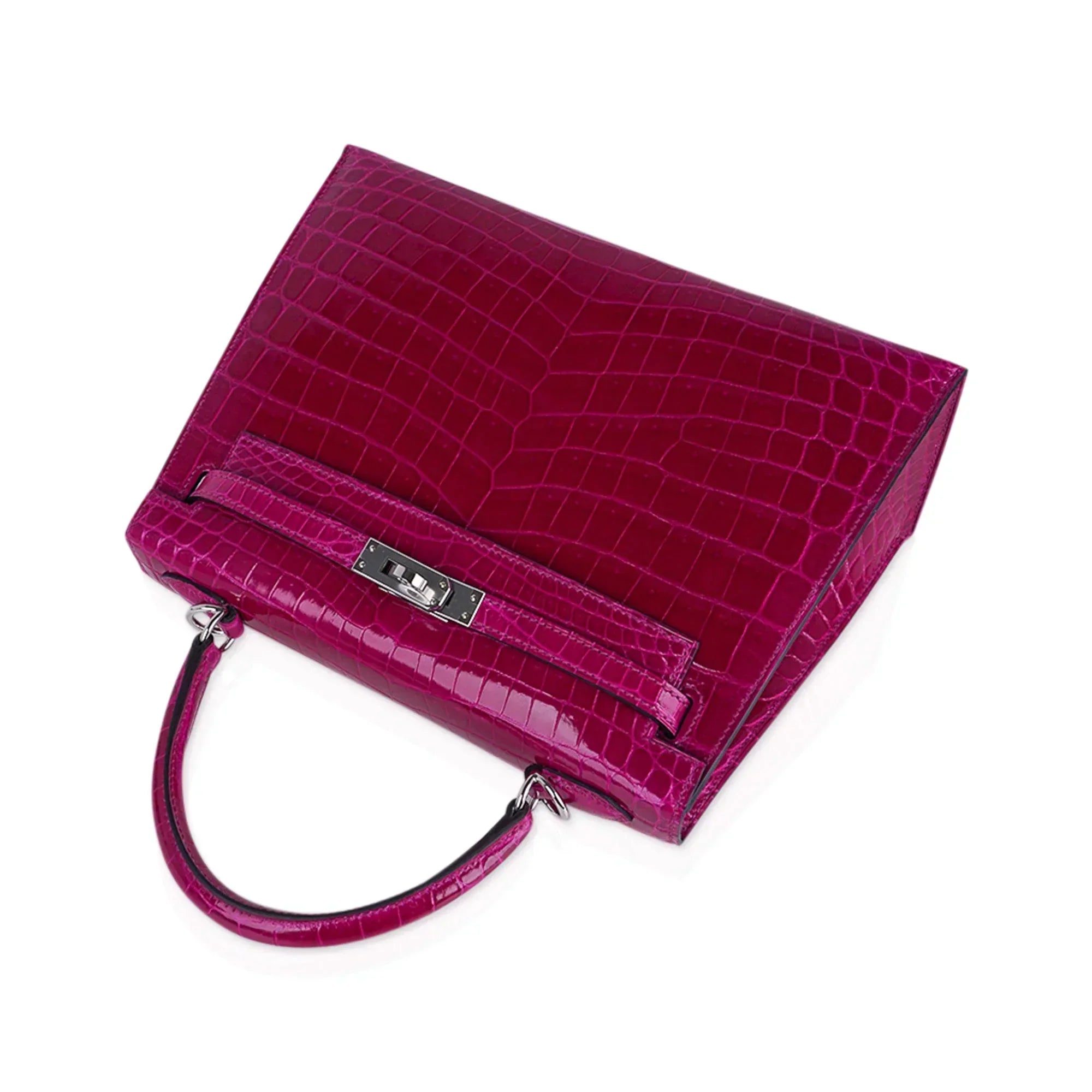 Kelly 25 Sellier Bag Rose Pourpre Crocodile with Palladium Hardware