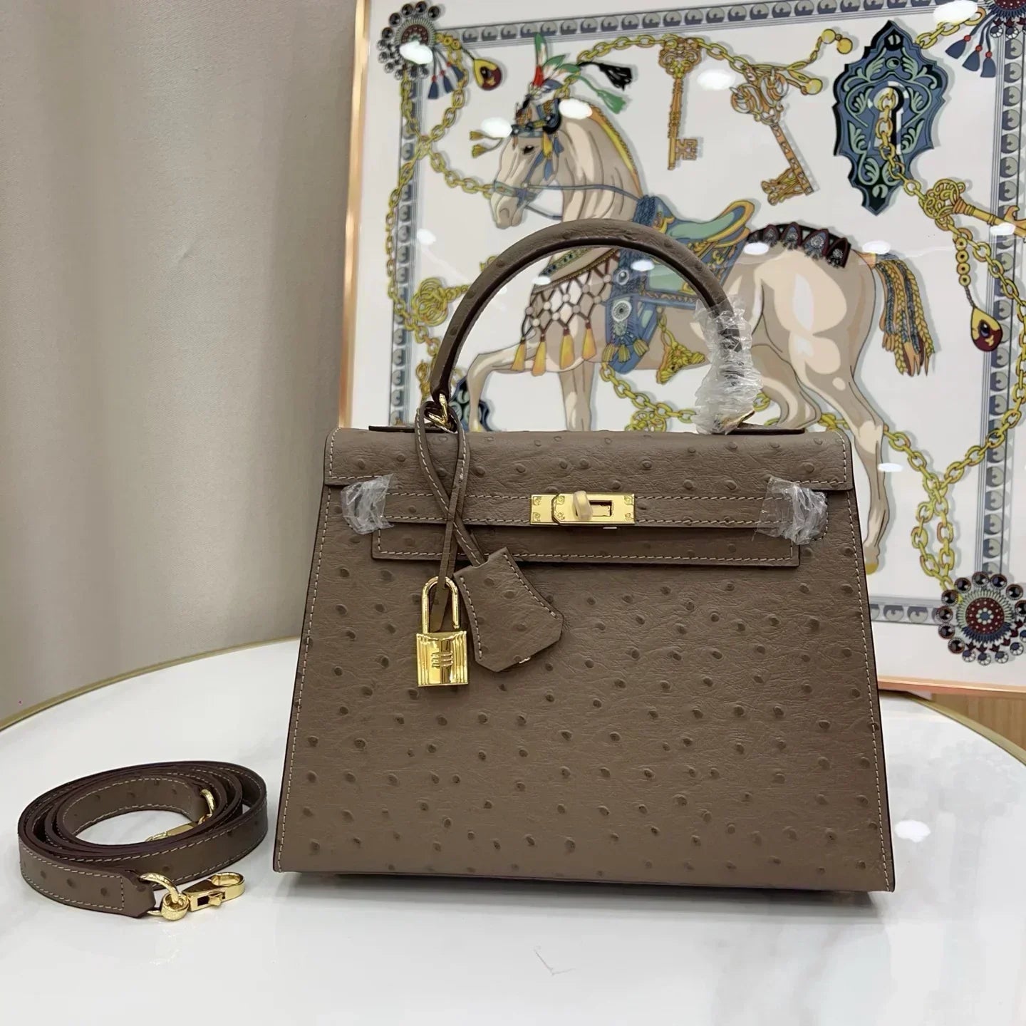 Kelly Sellier Gris Mousse Ostrich Gold Hardware