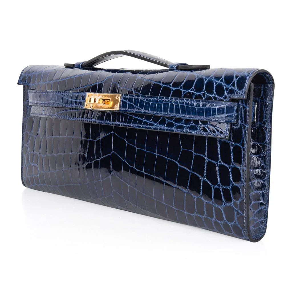 Kelly Cut Blue Sapphire Crocodile Clutch Bag Gold Hardware