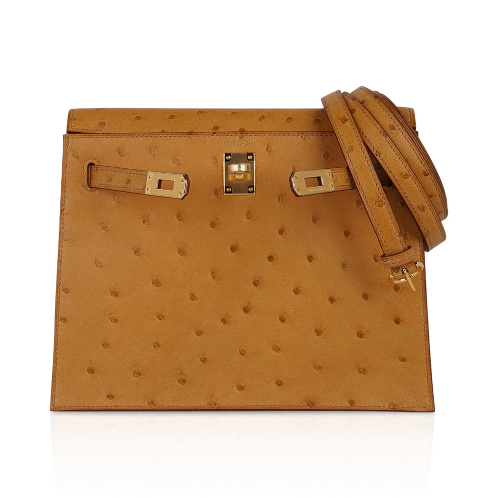 Kelly Danse Bag Tabac Camel Ostrich with Gold Hardware