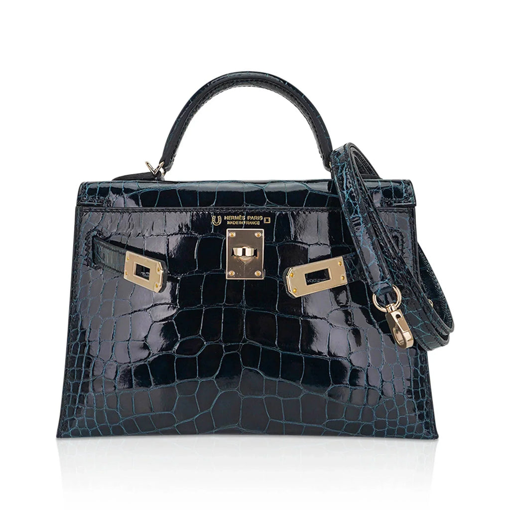 Limited Edition Verso Mini Kelly 20 Sellier Bag Vert Rousseau & Blue Paon Alligator with Permabrass Hardware