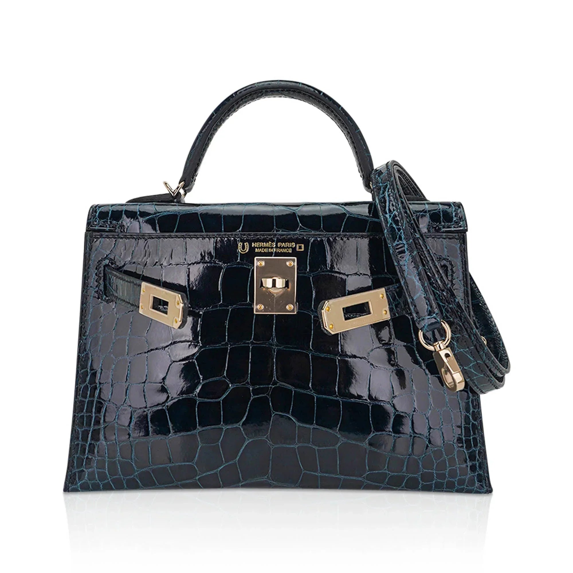 Limited Edition Verso Mini Kelly 20 Sellier Bag Vert Rousseau & Blue Paon Alligator with Permabrass Hardware