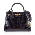 Kelly 25 Bag Sellier Crocodile Prunoir Gold Hardware