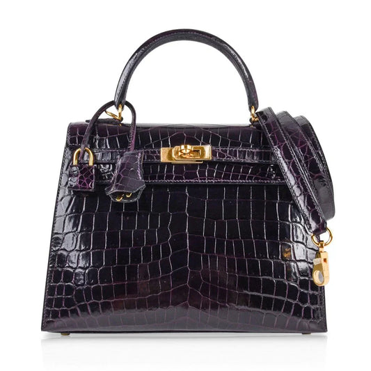Kelly 25 Bag Sellier Crocodile Prunoir Gold Hardware