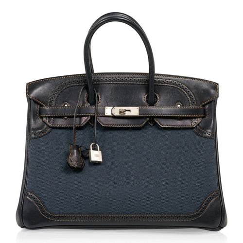 Birkin 35 Ghillies Denim Fonce Toile / Black Evercalf Bag Limited Edition