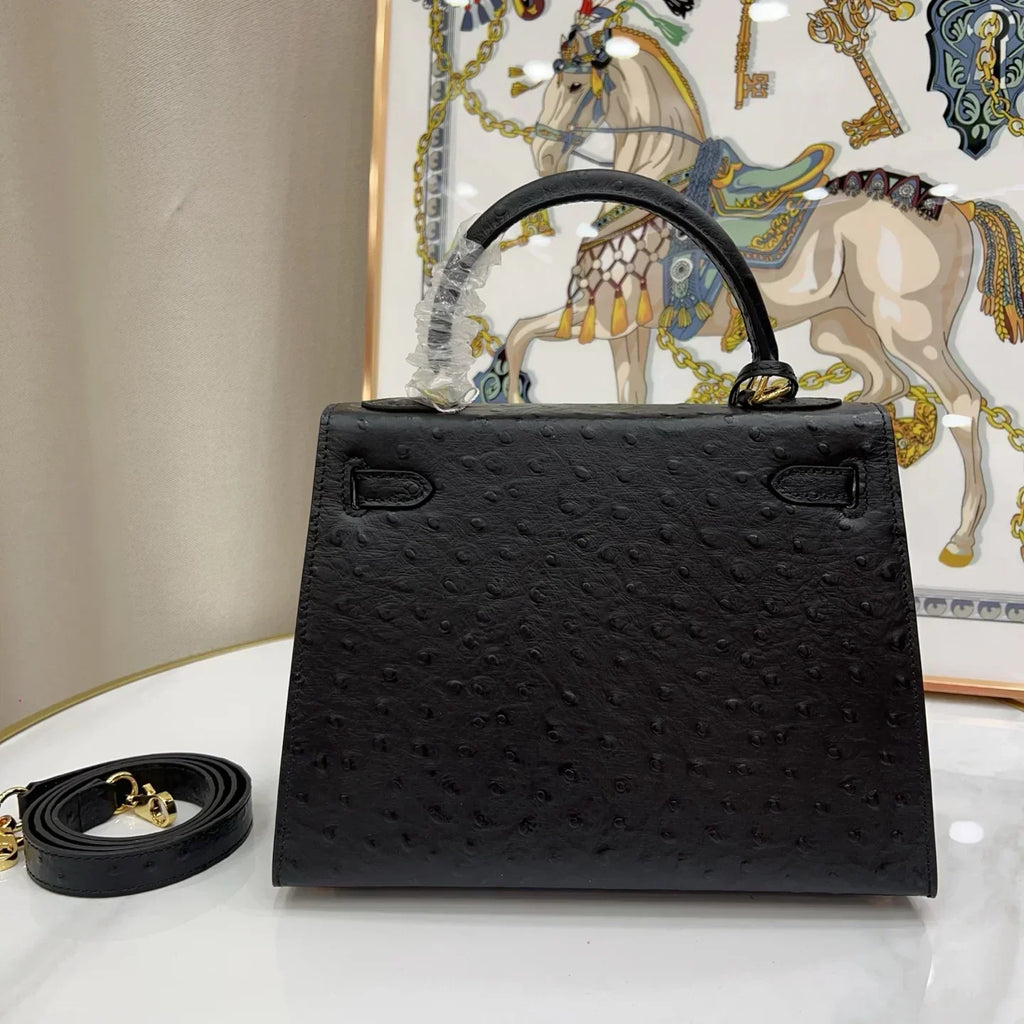 Kelly 25 Sellier Black Ostrich Gold Hardware