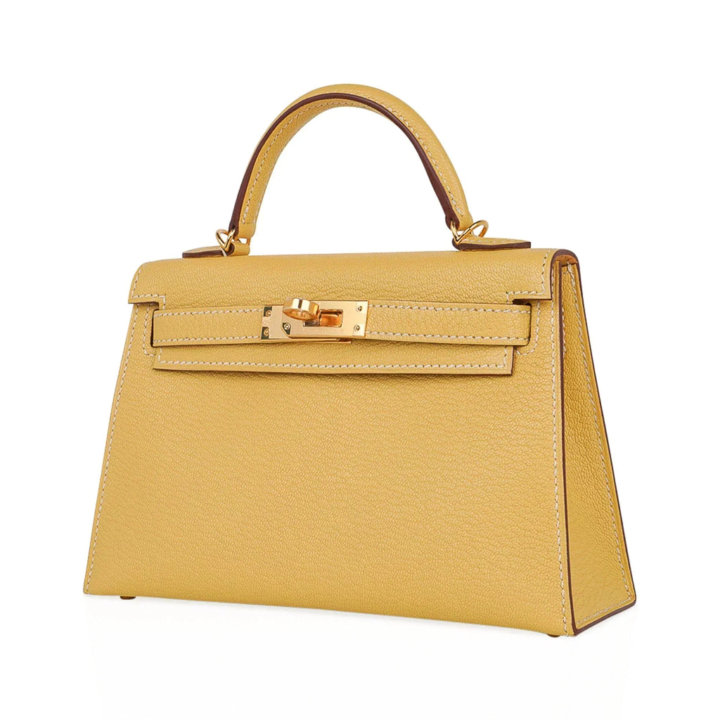Mini Kelly 20 Sellier Jaune Foin Bag Chevre Gold