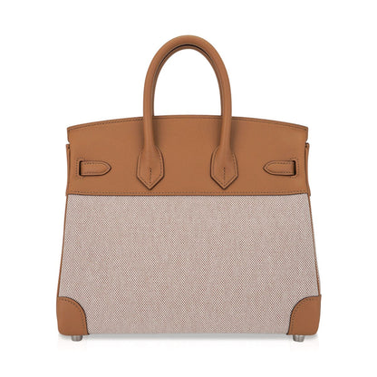 Limited Edition Birkin 25 Bag in Biscuit Swift Leather & Ecru Toile H with Palladium Hardware
