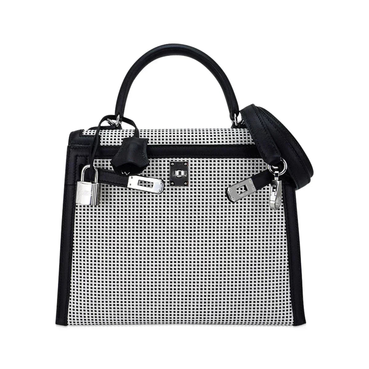 Kelly 25 Sellier Bag Quadrille Black & White Viking Toile Swift Leather with Palladium Hardware