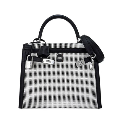 Kelly 25 Sellier Bag Quadrille Black & White Viking Toile Swift Leather with Palladium Hardware
