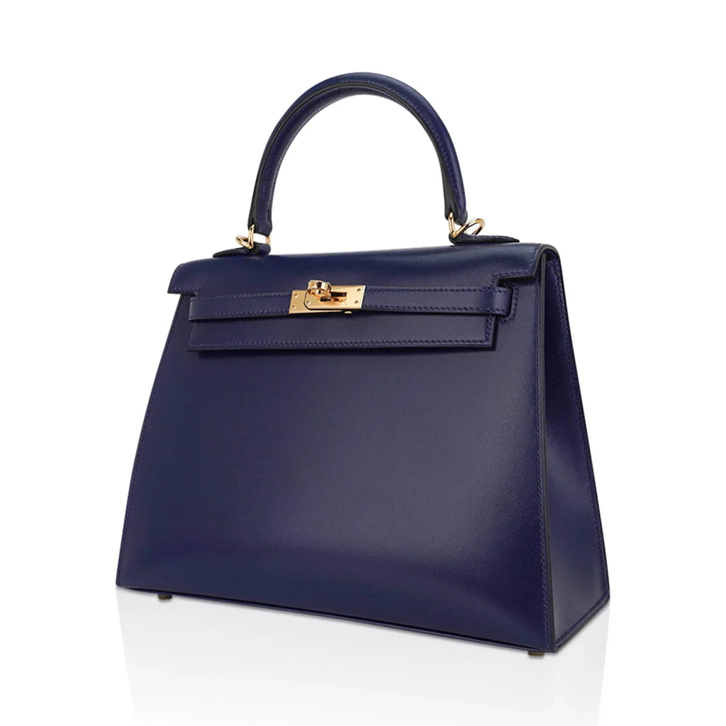 Kelly Sellier 25 Bag Blue Sapphire Box Leather with Gold Hardware