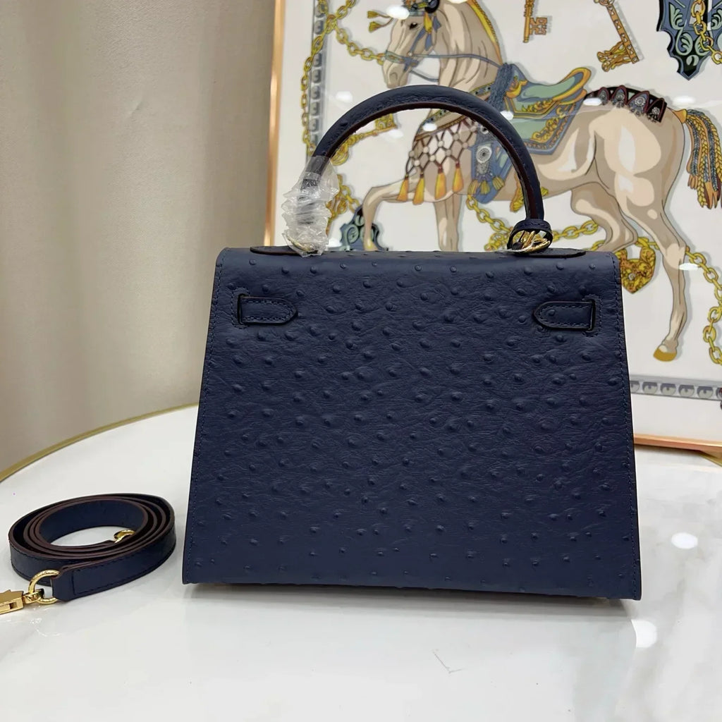 Kelly 25 Bleu Iris Sellier Ostrich Gold Hardware