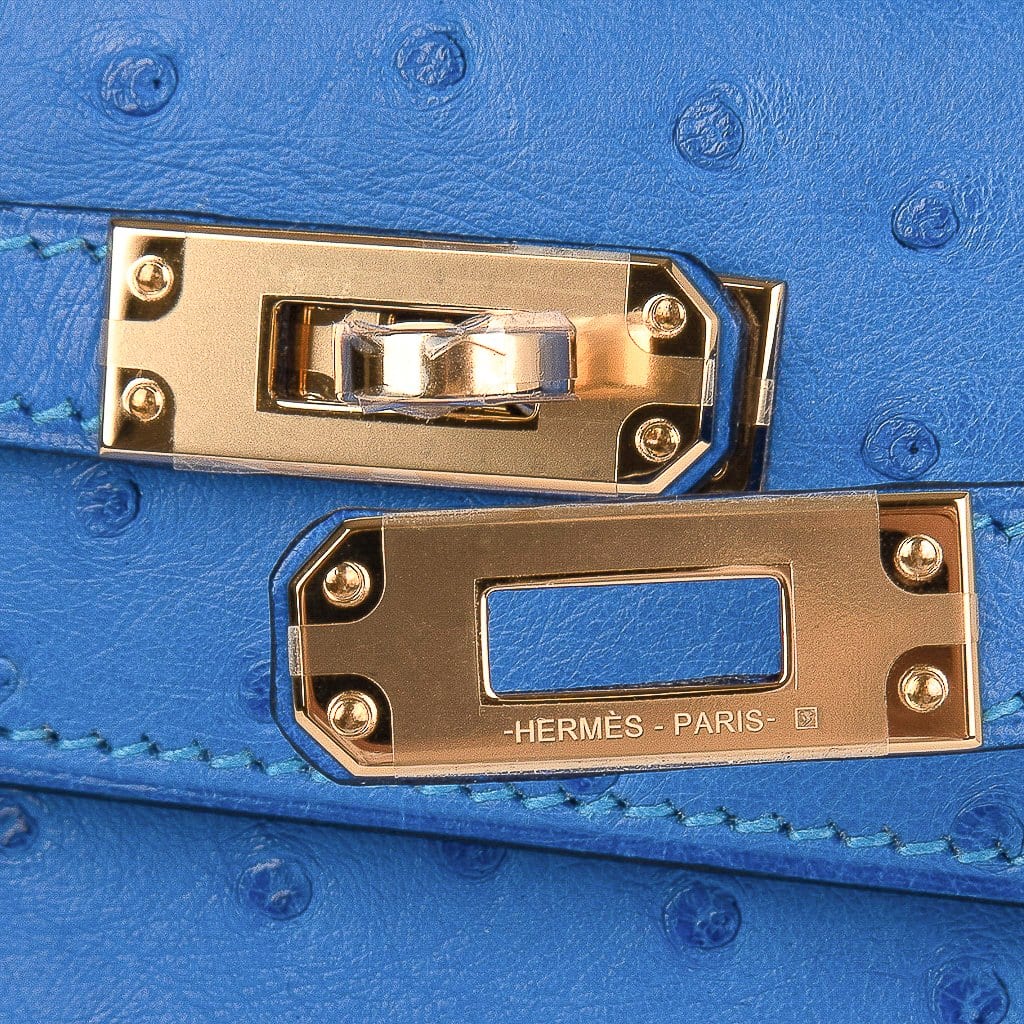 Kelly Pochette Bag Bleuet Ostrich Clutch Gold Hardware