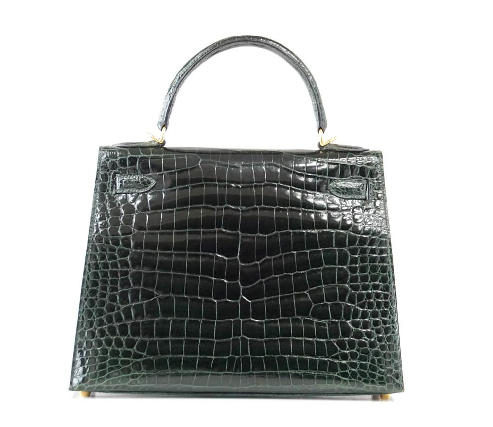 Kelly 28 Bag Exotic Vert Fonce Porosus Crocodile Gold