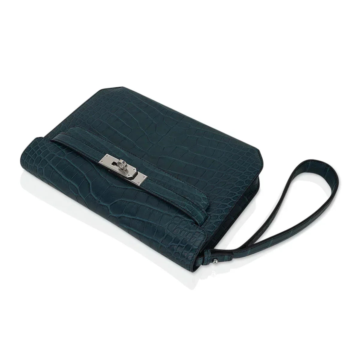 Kelly Depeches 25 Pouch Vert Rousseau Matte Alligator Palladium Hardware