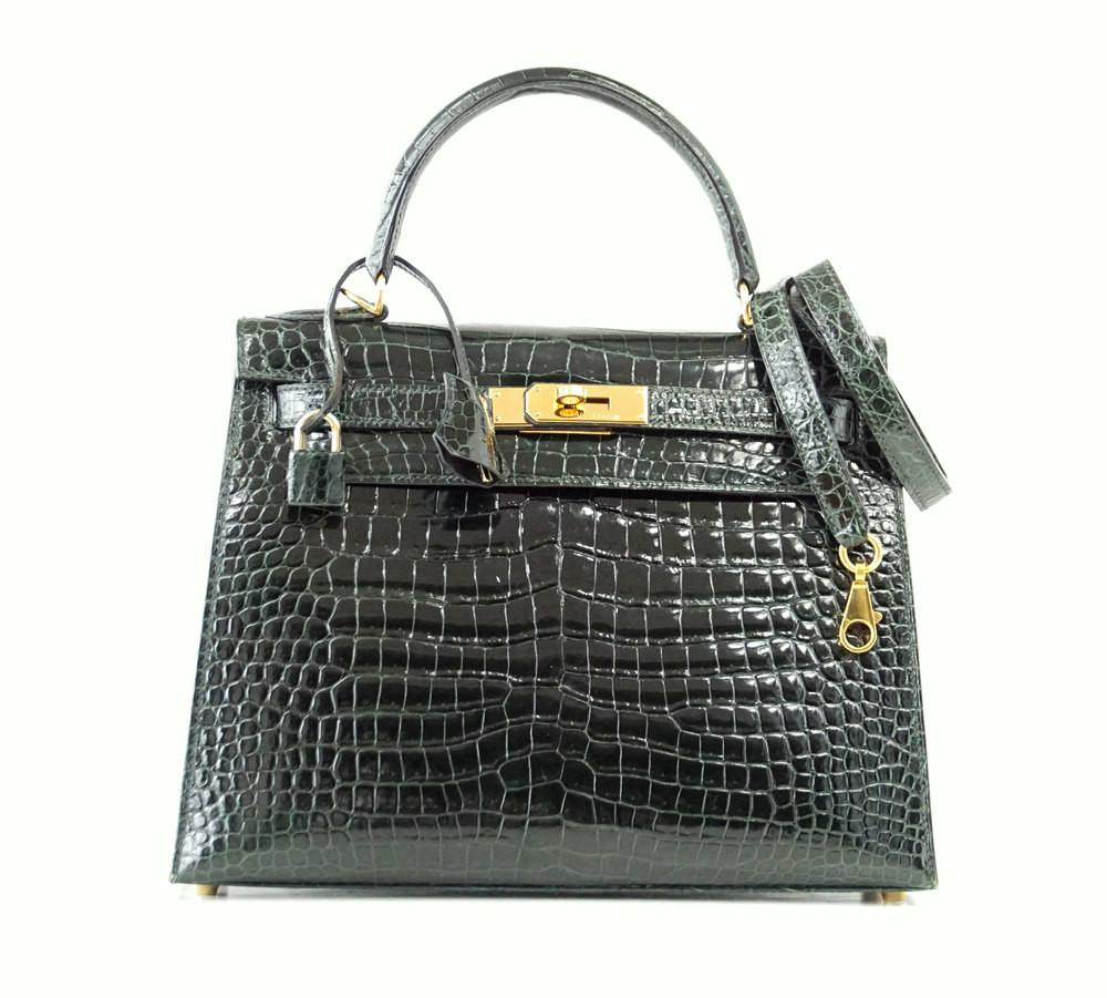Kelly 28 Bag Exotic Vert Fonce Porosus Crocodile Gold