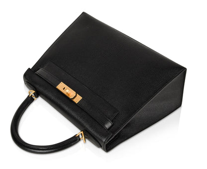 Kelly HSS 28 Bag Sellier Black Chevre Vermillion Interior Brushed Gold