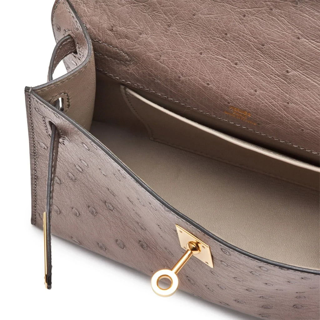 Kelly Pochette in Ostrich Leather with Gold Hardware Gris Tourterelle