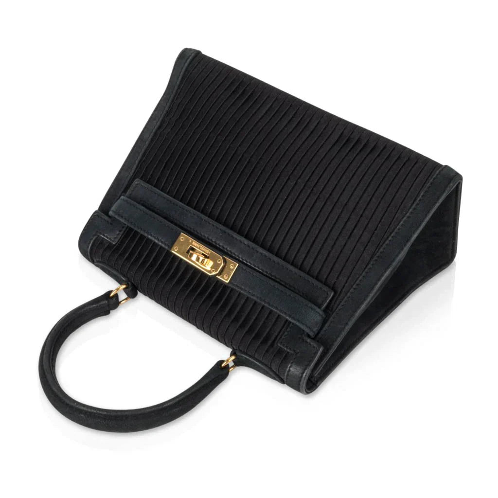 Kelly 20 Mini Vintage Bag Black Pleated Silk Suede Trim Gold Hardware