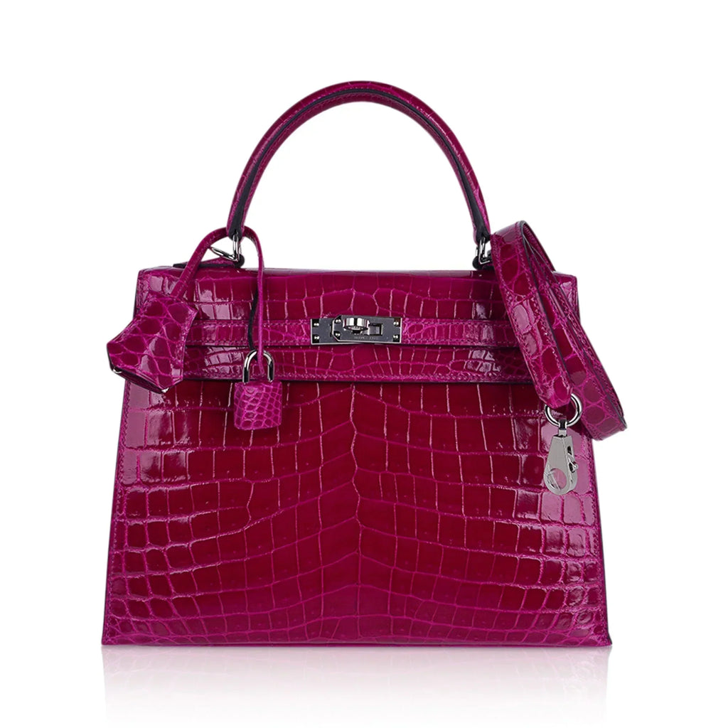 Kelly 25 Sellier Bag Rose Pourpre Crocodile with Palladium Hardware