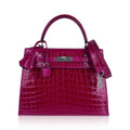 Kelly 25 Sellier Bag Rose Pourpre Crocodile with Palladium Hardware