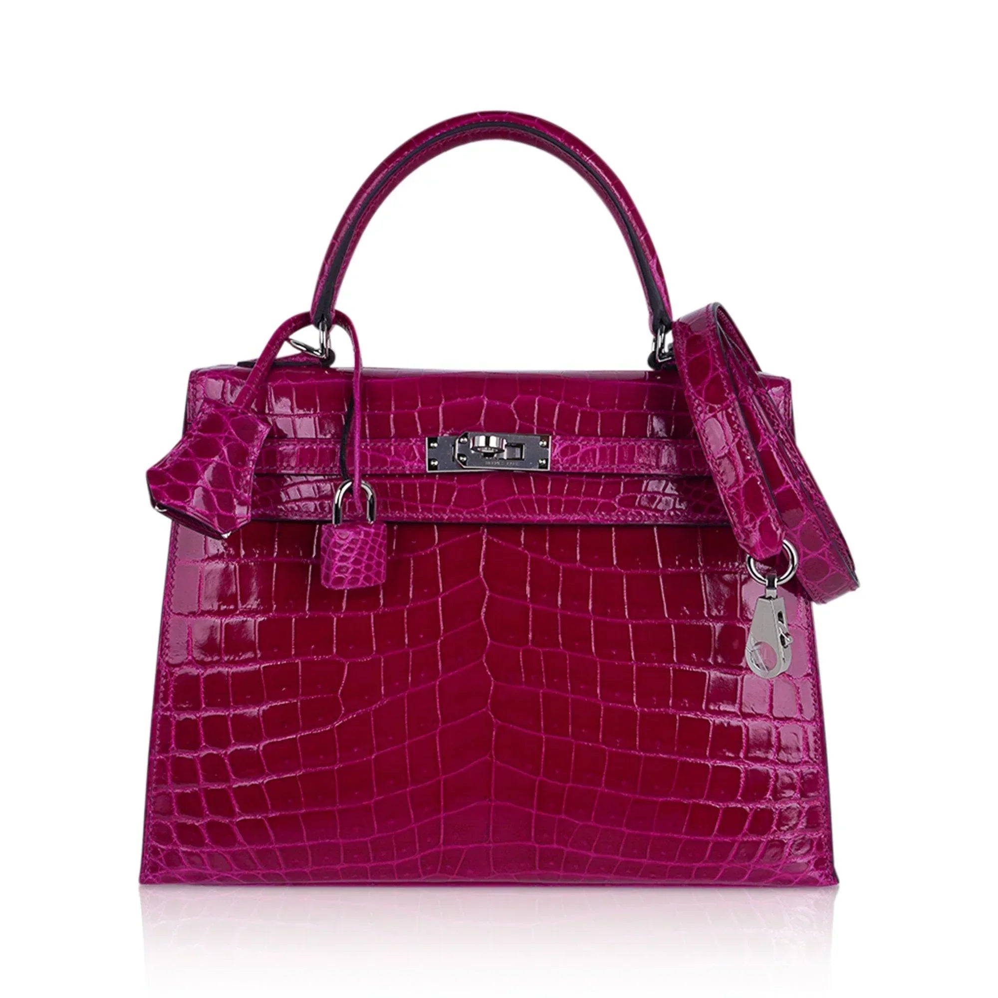 Kelly 25 Sellier Bag Rose Pourpre Crocodile with Palladium Hardware