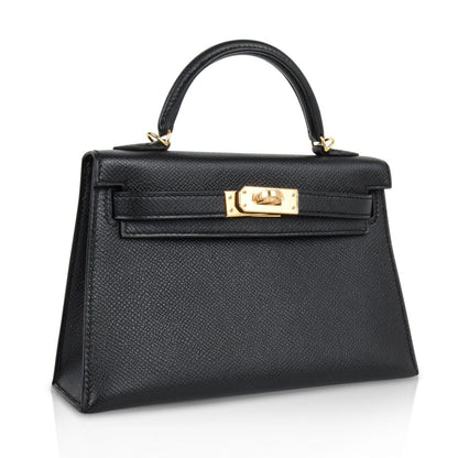 Mini Kelly 20 Sellier Bag Black Epsom Leather with Gold Hardware