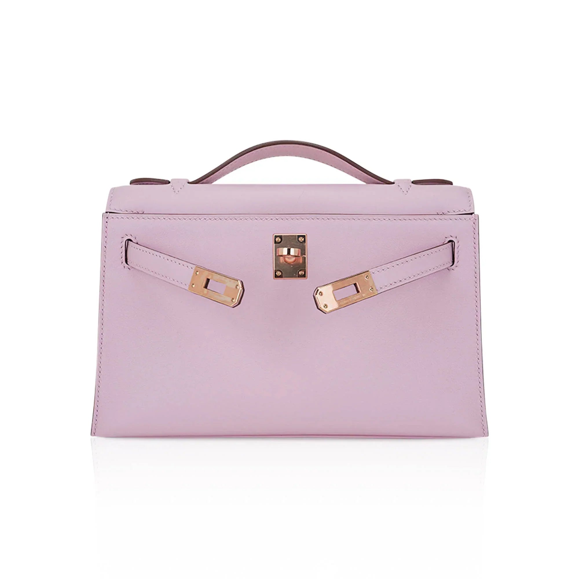 Kelly Pochette Clutch Bag Mauve Sylvestre Swift Leather with Rose Gold Hardware